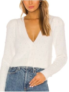 MAJORELLE White Fuzzy Button-Front V-Neck Cardigan